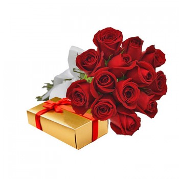 Buquê de flores e caixa de chocolates