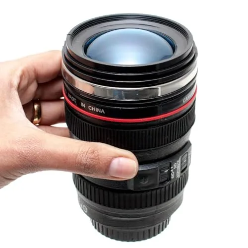 Caneca em formato de lente fotográfica