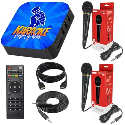 Party box de karaokê com dois microfones
