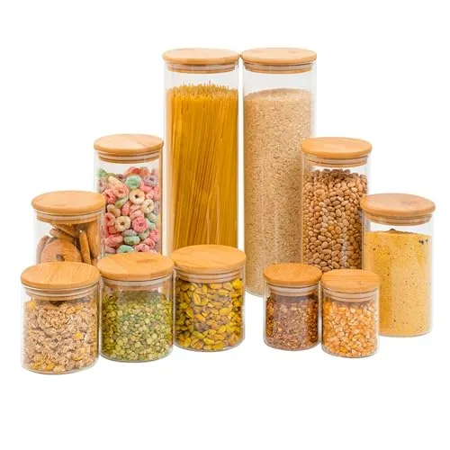Kit de potes de vidro com tampa de bambu