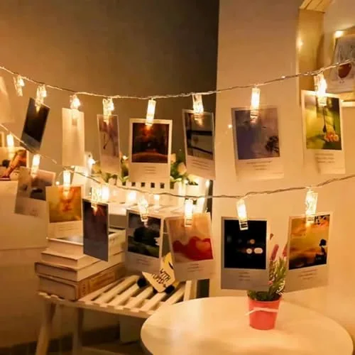 Varal de fotos com luzes